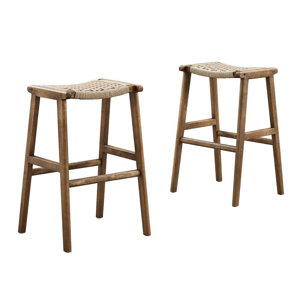 Modway Saoirse Woven Rope Wood Bar Stool - Set of 2 in Walnut Natural