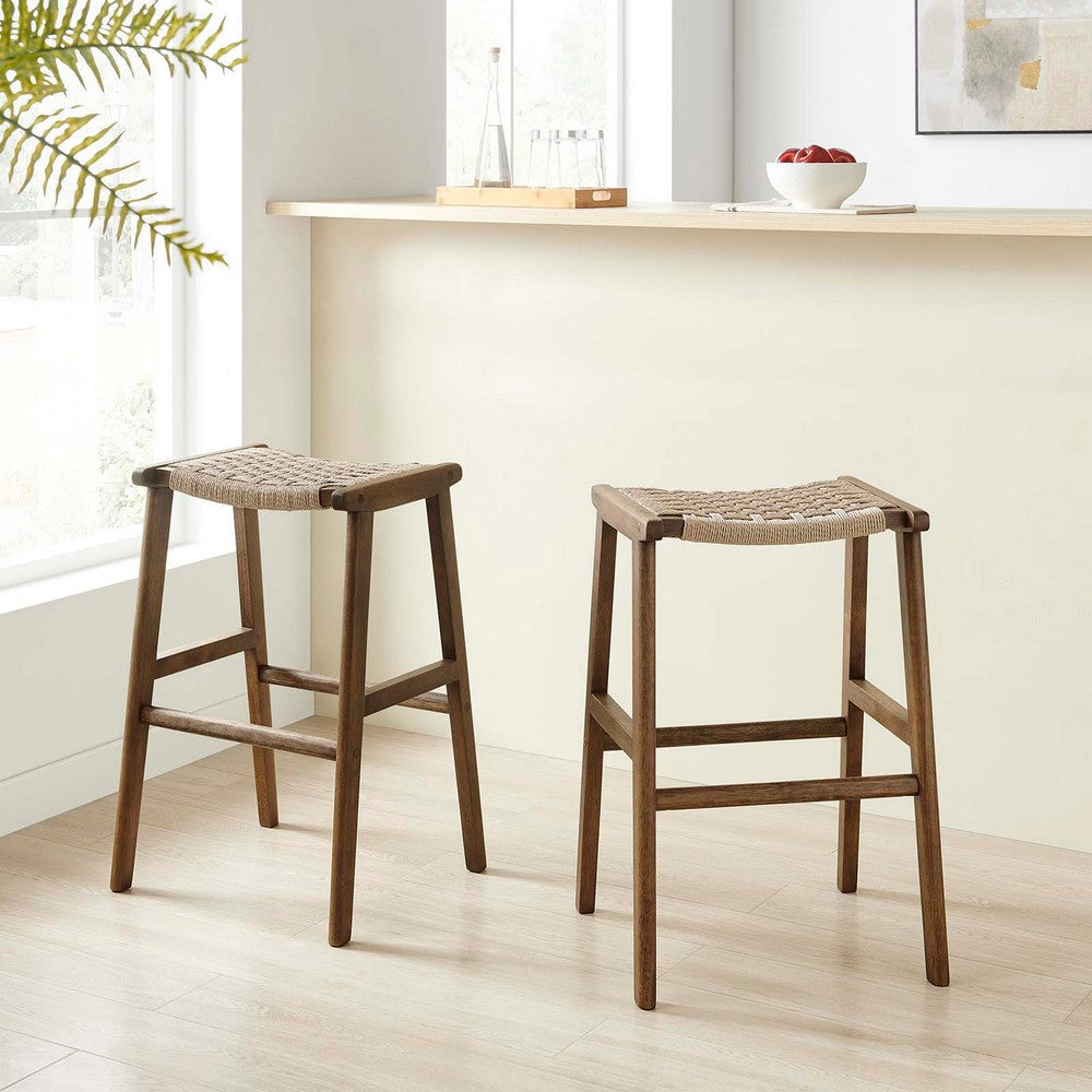 Modway Saoirse Woven Rope Wood Bar Stool - Set of 2 in Walnut Natural MDY-EEI-6550-WAL-NAT