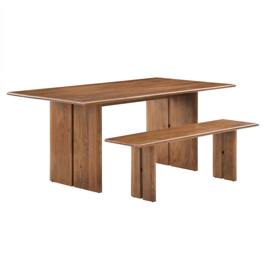 Modway Amistad Solid Wood Modern Farmhouse Rectangular Walnut, 72" Dining Table and Bench Set