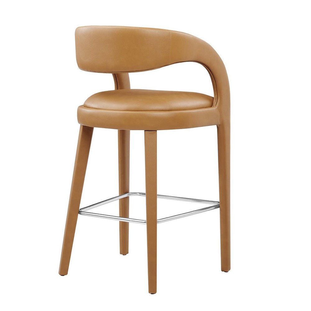 Modway EEI-6567-TAN-SLV Pinnacle Vegan Leather Bar Stool Set of Two Tan Silver MDY-EEI-6567-TAN-SLV