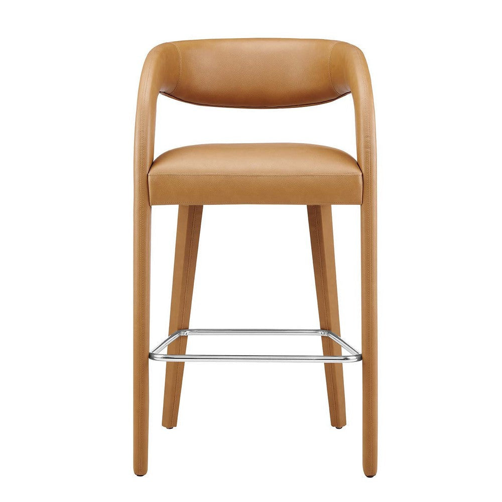 Modway EEI-6567-TAN-SLV Pinnacle Vegan Leather Bar Stool Set of Two Tan Silver MDY-EEI-6567-TAN-SLV