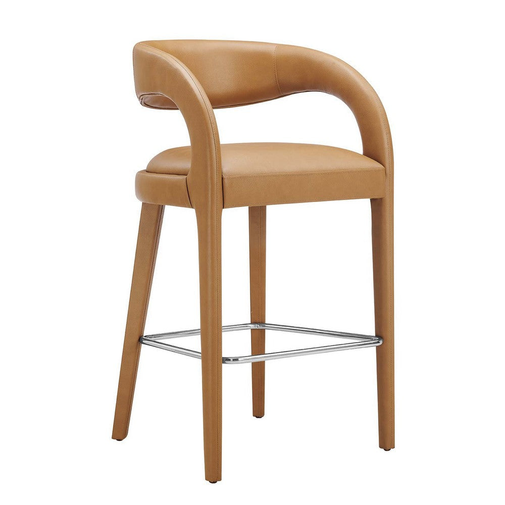 Modway EEI-6567-TAN-SLV Pinnacle Vegan Leather Bar Stool Set of Two Tan Silver MDY-EEI-6567-TAN-SLV