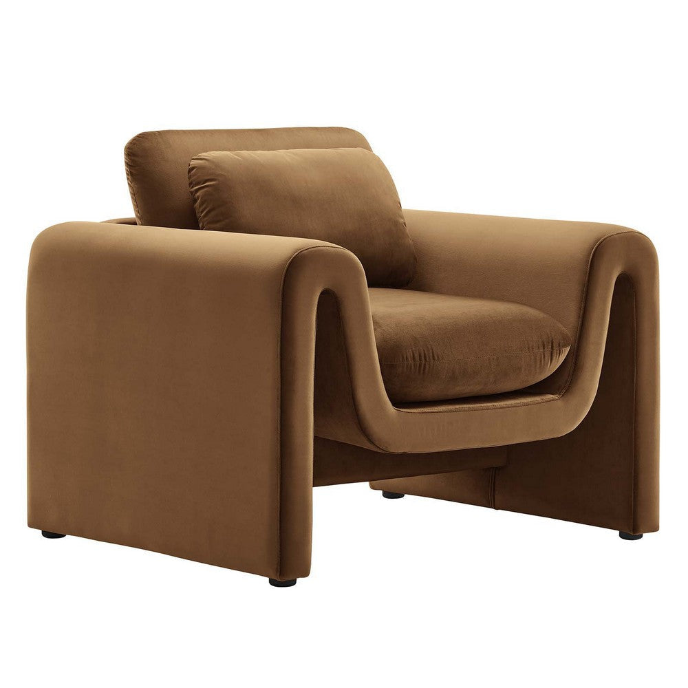 Modway Waverly Performance Velvet Living Room Accent Armchair in Brown-Unique Wavy Design, Stain-Resistant Upholstery