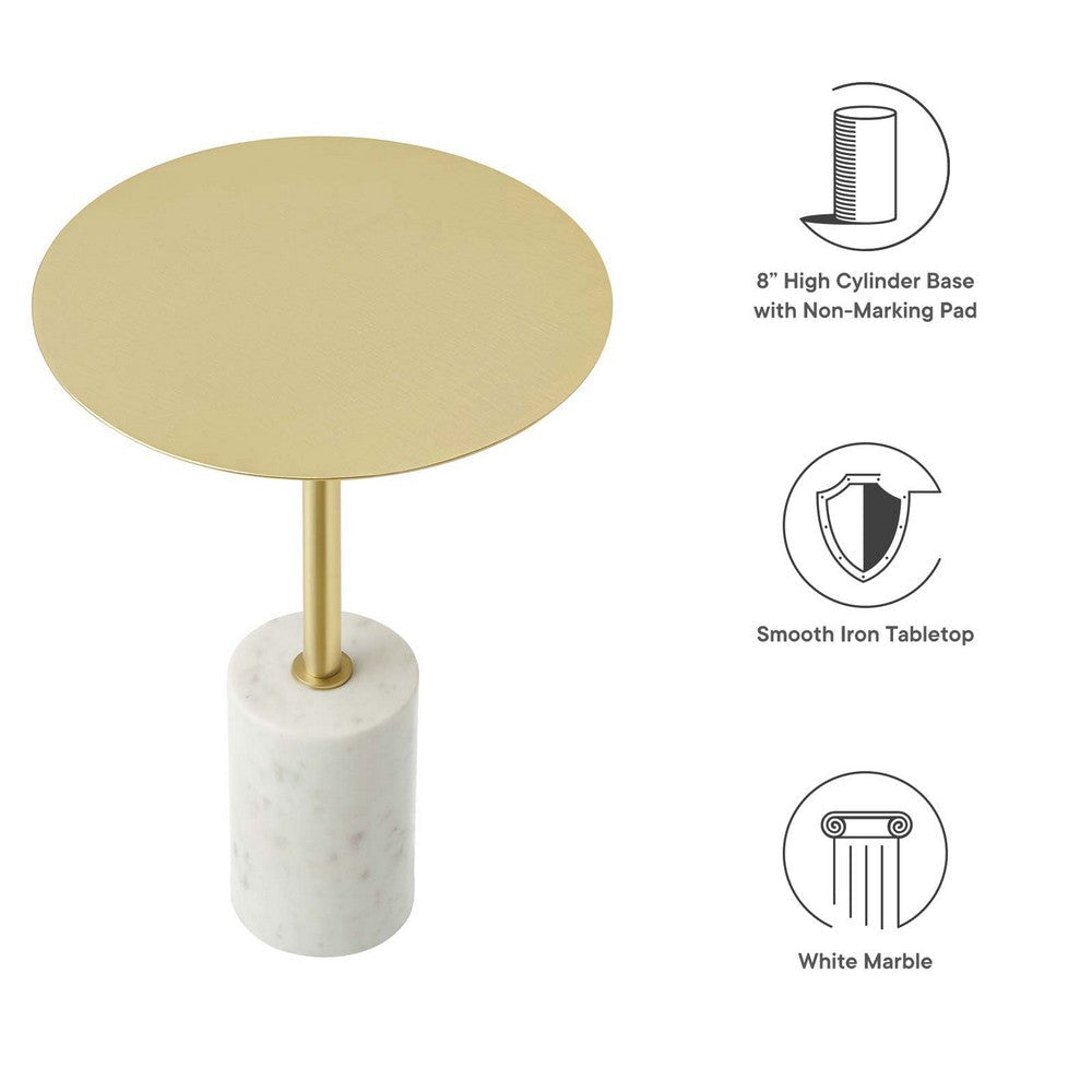 Modway EEI-6605-WHI-BRA Lyric Brass Round Side Sofa End Table White Marble Base MDY-EEI-6605-WHI-BRA