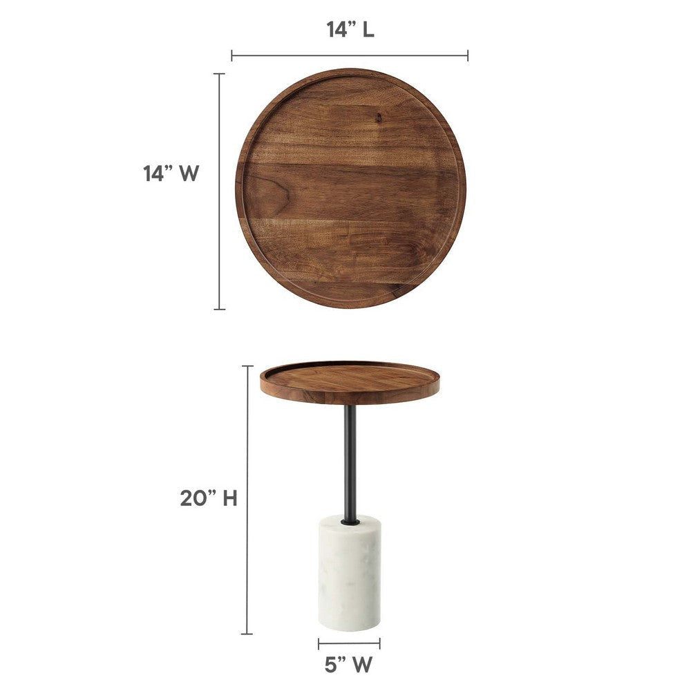 Modway EEI-6607-WHI-LOC Amina White Light Oak Round Acacia Wood Side Table for Living Room Marble Base MDY-EEI-6607-WHI-LOC