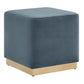 Modway Tilden 17 Inch Square Performance Velvet Upholstered Ottoman in Cadet Blue Natural - Small Ottoman Foot Rest with Rubberwood Plinth Base - Living Room Ottoman Side Table,