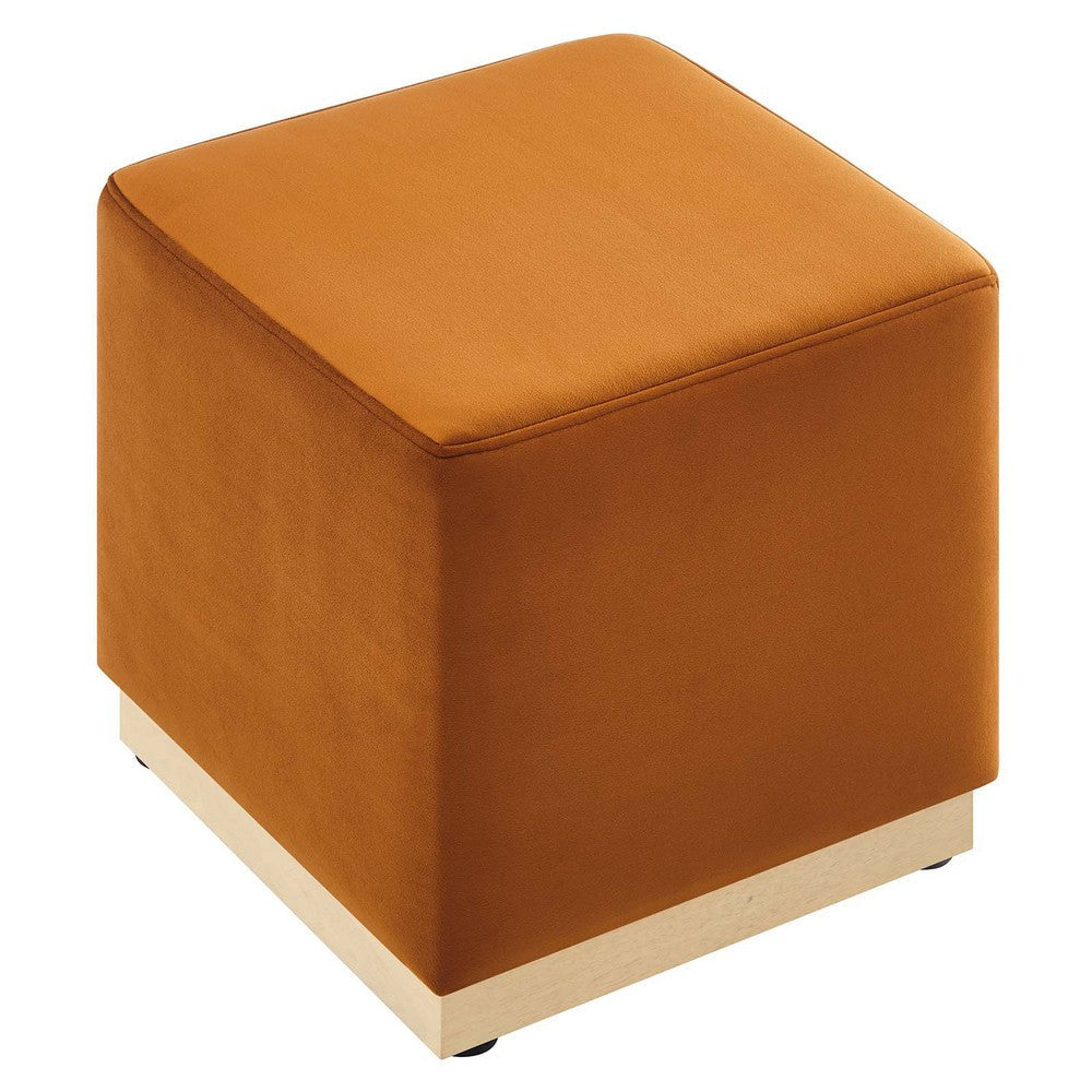 Modway Tilden 17 Inch Square Performance Velvet Upholstered Ottoman in Rust Natural - Small Ottoman Foot Rest with Rubberwood Plinth Base