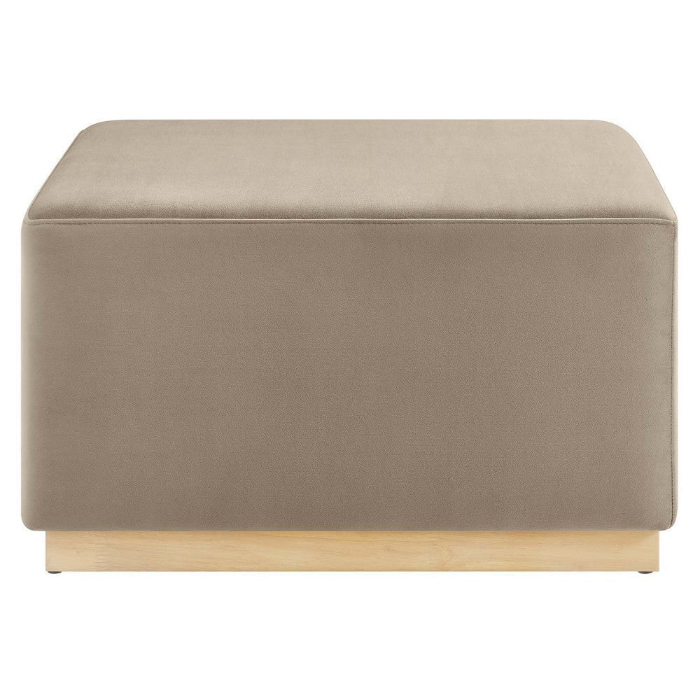 Modway Tilden 28 Inch Square Performance Velvet Upholstered Ottoman in Taupe Natural - Large Ottoman Foot Rest with Rubberwood Plinth Base