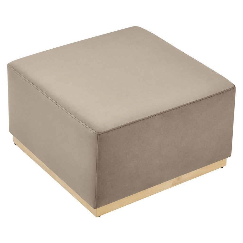 Modway Tilden 28 Inch Square Performance Velvet Upholstered Ottoman in Taupe Natural - Large Ottoman Foot Rest with Rubberwood Plinth Base