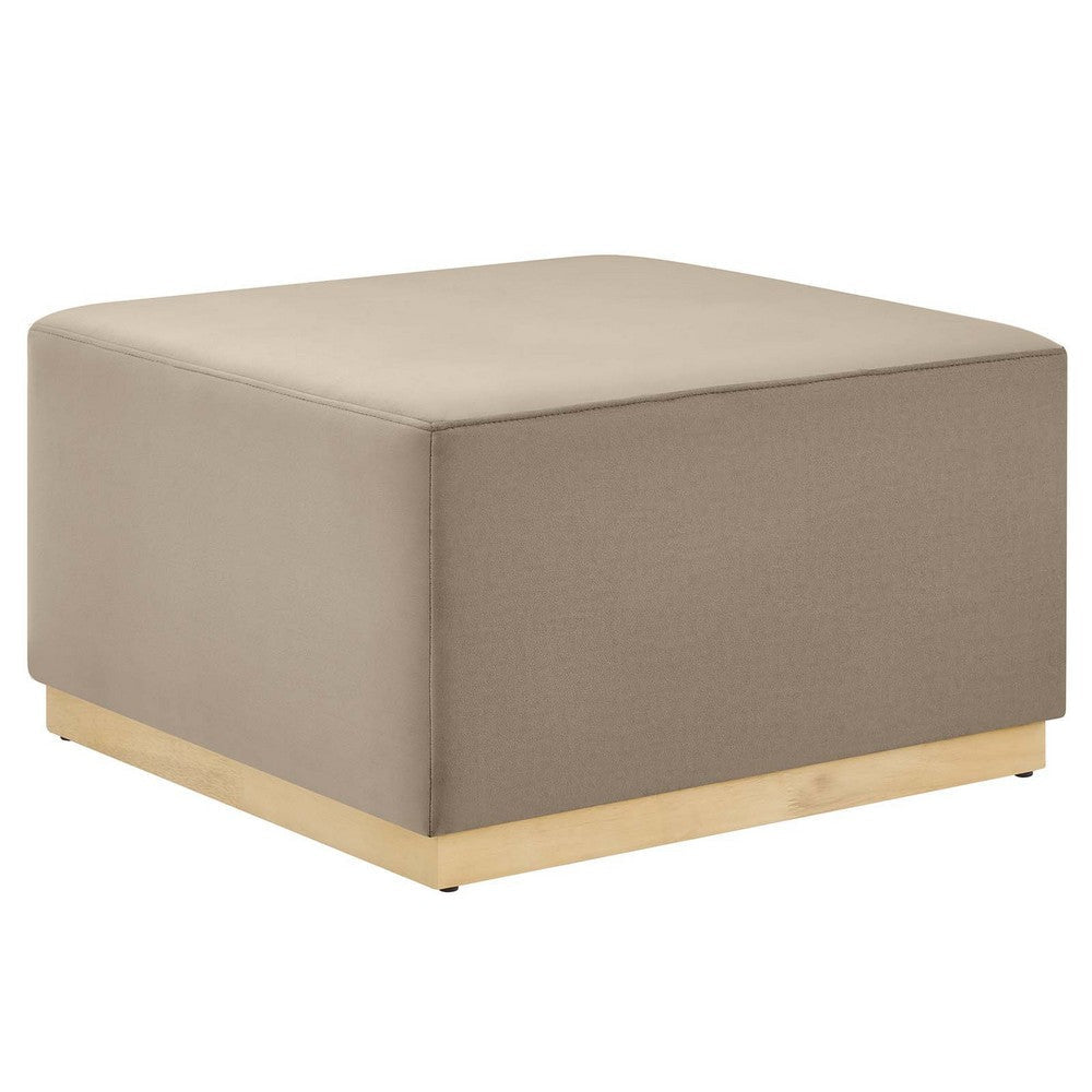 Modway Tilden 28 Inch Square Performance Velvet Upholstered Ottoman in Taupe Natural - Large Ottoman Foot Rest with Rubberwood Plinth Base, Living Room Ottoman Coffee Table - Velvet Ottoman Table