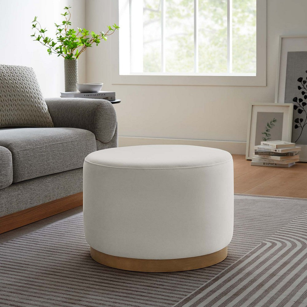 Modway Tilden 23 Inch Round Performance Velvet Upholstered Ottoman in Alabaster Natural - Round Ottoman Foot Rest with Rubberwood Plinth Base - Living Room Ottoman Side Table or Ottoman Coffee Table