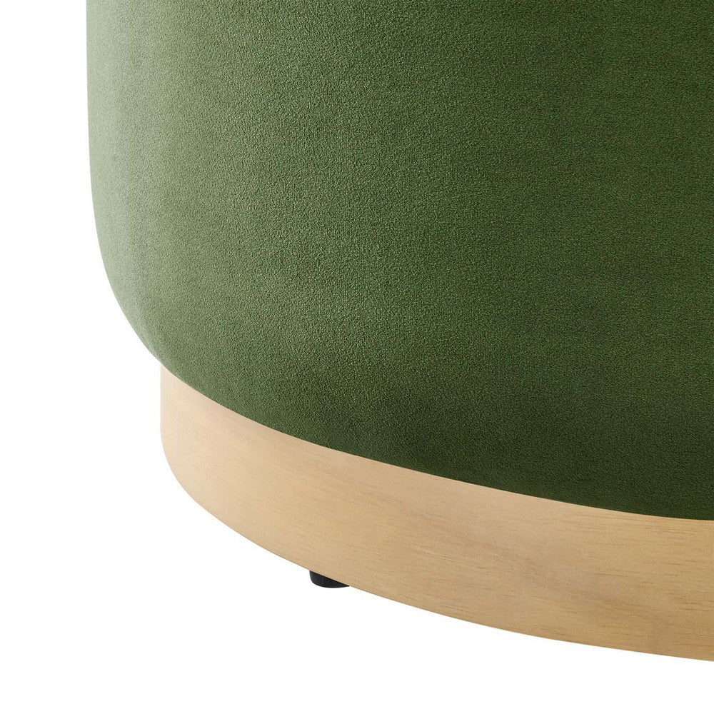 Modway Tilden 23 Inch Round Performance Velvet Upholstered Ottoman in Moss Green Natural - Round Ottoman Foot Rest with Rubberwood Plinth