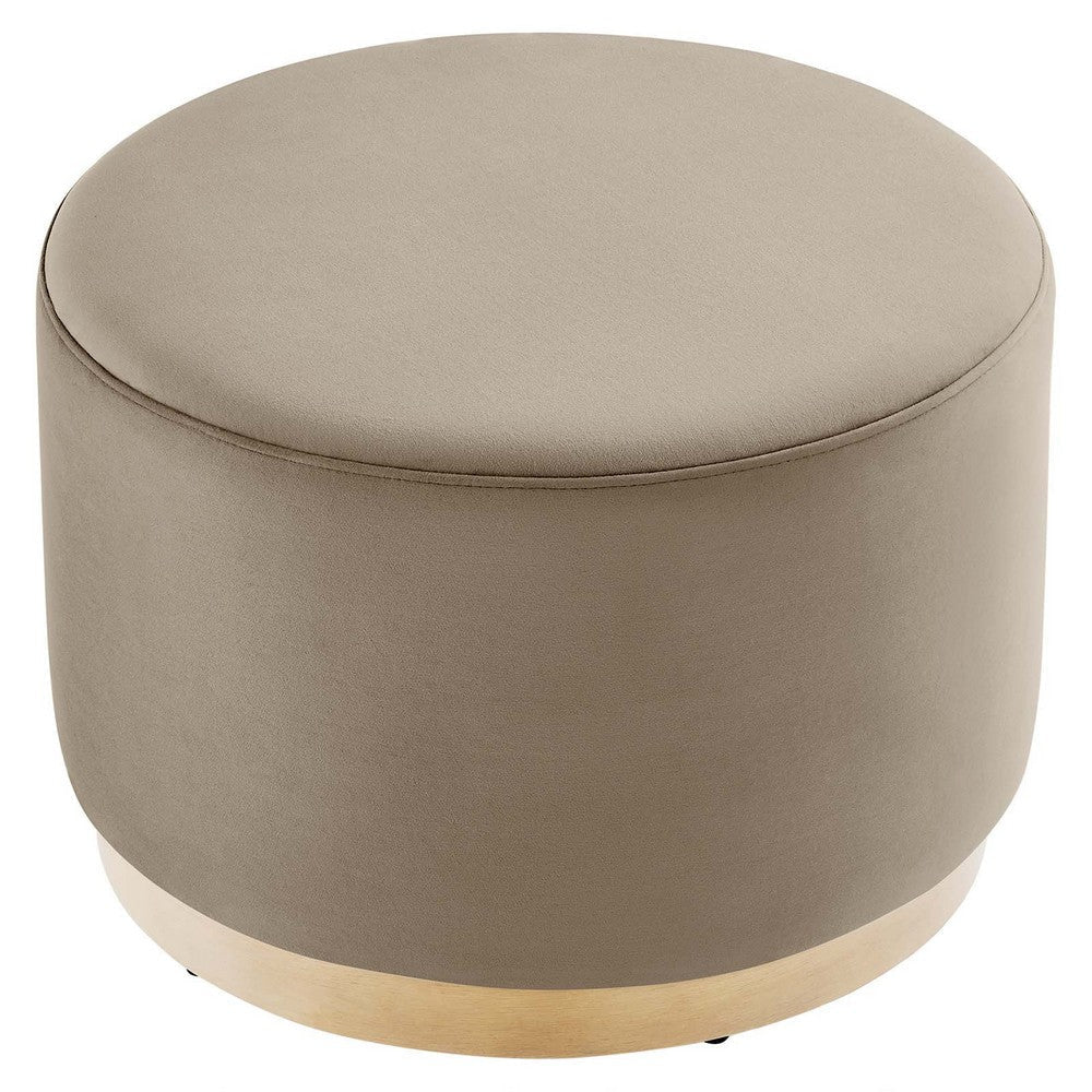 Modway Tilden 23 Inch Round Performance Velvet Upholstered Ottoman in Taupe Natural - Round Ottoman Foot Rest with Rubberwood Plinth Base