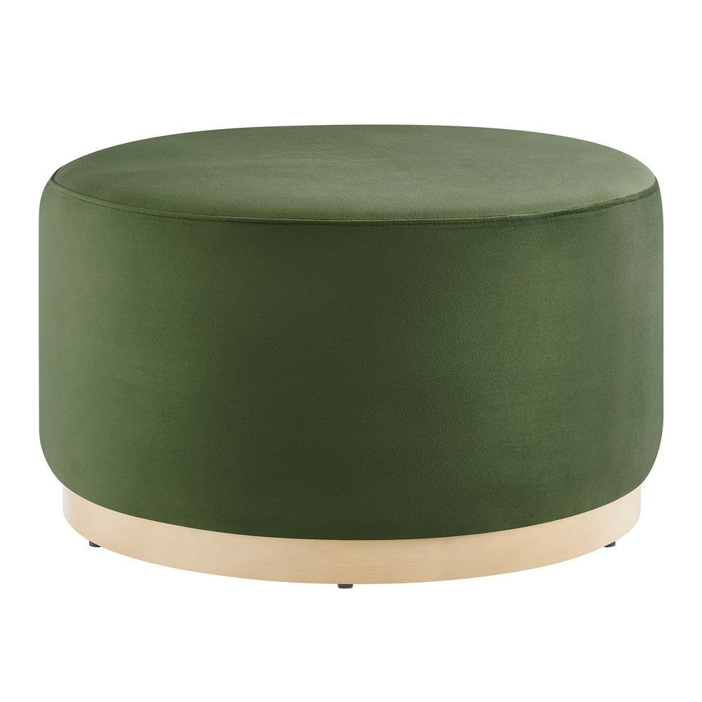 Modway Tilden 29 Inch Round Performance Velvet Upholstered Ottoman in Moss Green Natural - Round Ottoman Coffee Table for Living Room - Large Ottoman Foot Rest with Rubberwood Plinth Base