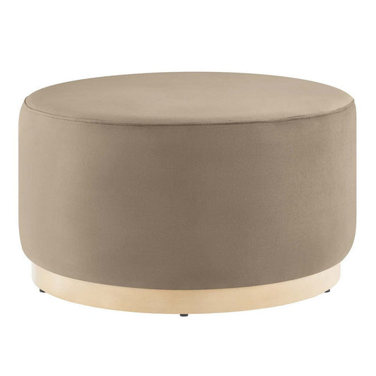 Modway Tilden 29 Inch Round Performance Velvet Upholstered Ottoman in Taupe Natural - Round Ottoman Coffee Table for Living Room - Large Ottoman Foot Rest with Rubberwood Plinth Base