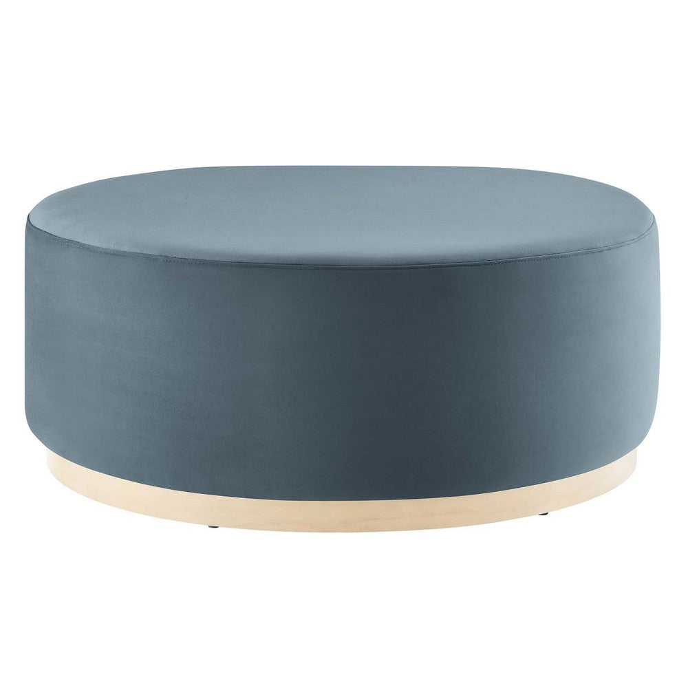 Modway Tilden 38 Inch Round Performance Velvet Upholstered Ottoman in Cadet Blue Natural - Round Ottoman Coffee Table for Living Room, Large Ottoman Foot Rest with Rubberwood Plinth Base