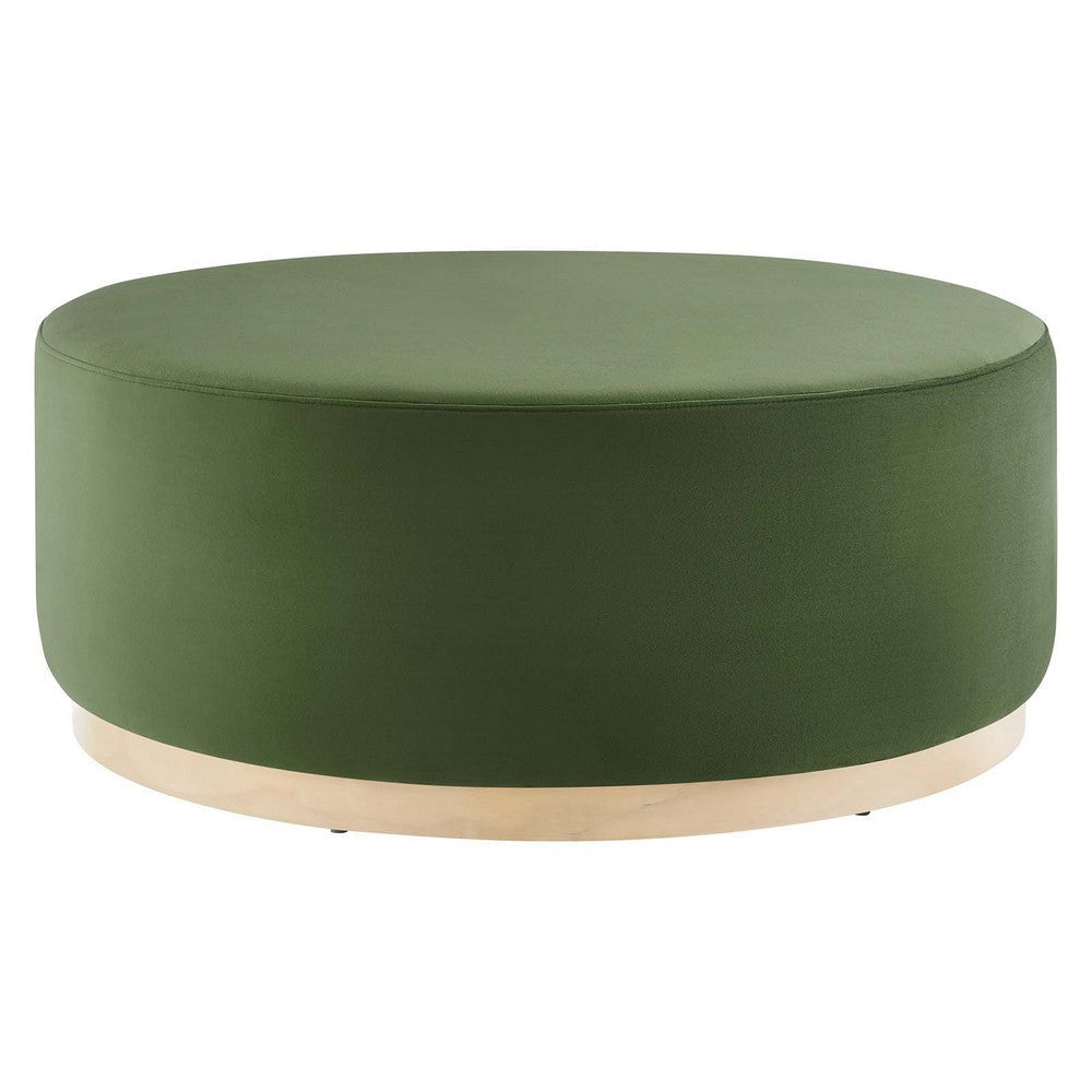 Modway Tilden 38 Inch Round Performance Velvet Upholstered Ottoman in Moss Green Natural - Round Ottoman Coffee Table for Living Room, Large Ottoman Foot Rest with Rubberwood Plinth Base