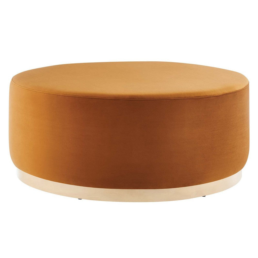 Modway Tilden 38 Inch Round Performance Velvet Upholstered Ottoman in Rust Natural - Round Ottoman Coffee Table for Living Room, Large Ottoman Foot Rest with Rubberwood Plinth Base