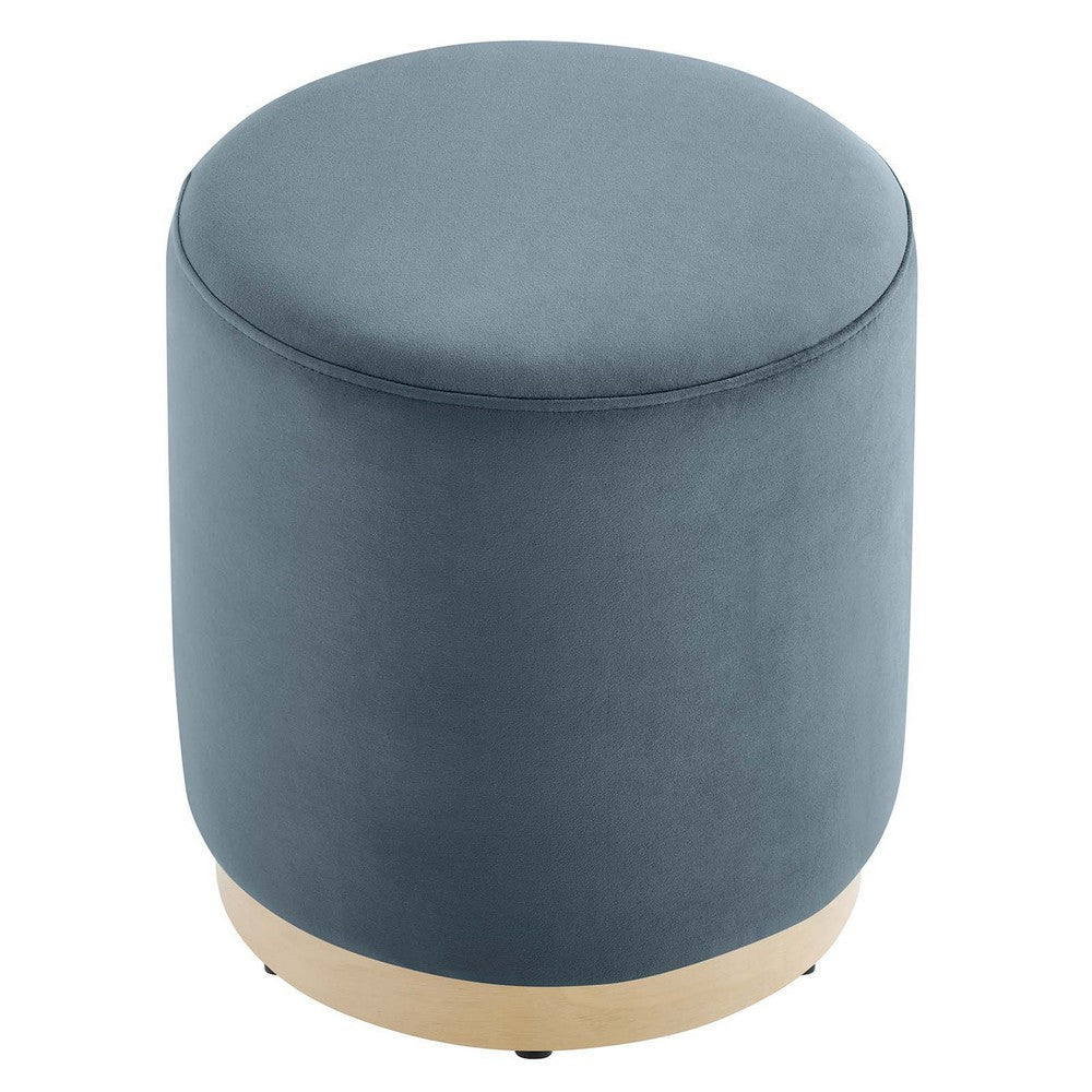 Modway Tilden 16 Inch Round Performance Velvet Upholstered Ottoman in Cadet Blue Natural - Small Ottoman Foot Rest with Rubberwood Plinth