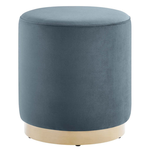 Modway Tilden 16 Inch Round Performance Velvet Upholstered Ottoman in Cadet Blue Natural - Small Ottoman Foot Rest with Rubberwood Plinth Base - Living Room Ottoman Side Table