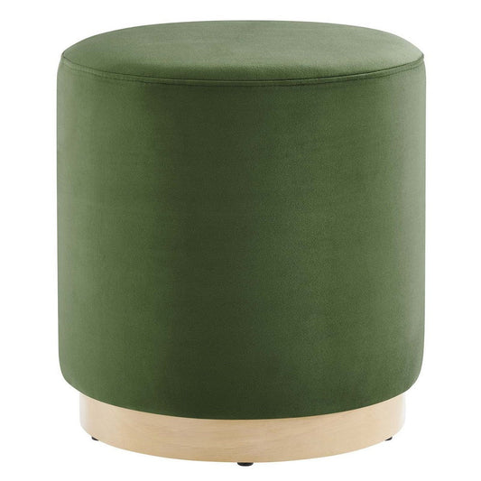 Modway Tilden 16 Inch Round Performance Velvet Upholstered Ottoman in Moss Green Natural - Small Ottoman Foot Rest with Rubberwood Plinth Base - Living Room Ottoman Side Table