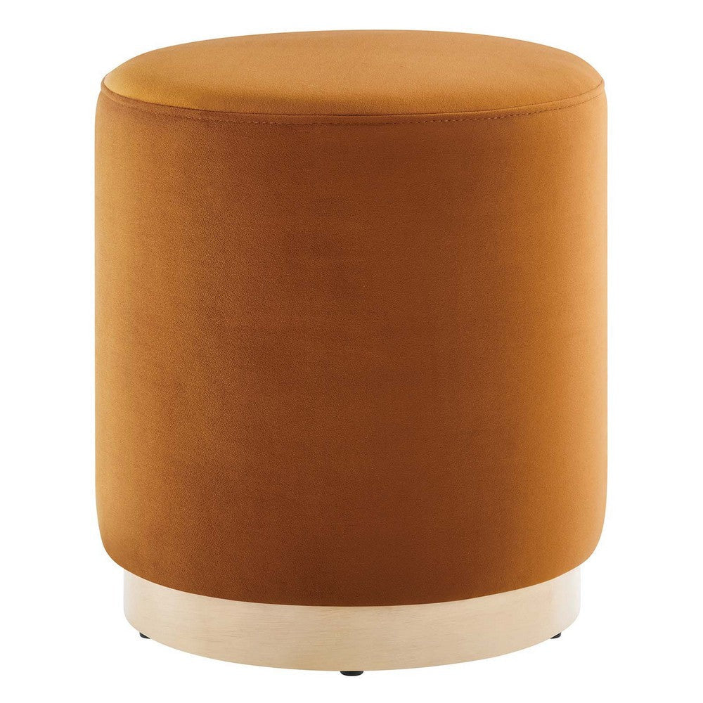 Modway Tilden 16 Inch Round Performance Velvet Upholstered Ottoman in Rust Natural - Small Ottoman Foot Rest with Rubberwood Plinth Base - Living Room Ottoman Side Table - Velvet Ottoman Footstool