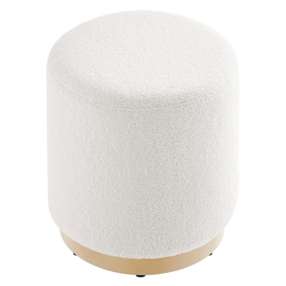 Modway Tilden 16 Inch Round Soft Sherpa Fabric Upholstered Ottoman in Ivory Natural - Small Ottoman Foot Rest with Rubberwood Plinth Base