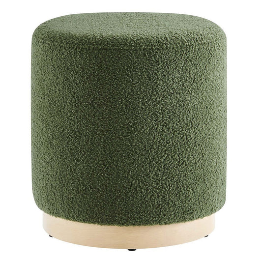 Modway Tilden 16 Inch Round Soft Sherpa Fabric Upholstered Ottoman in Moss Green Natural - Small Ottoman Foot Rest with Rubberwood Plinth Base - Living Room Ottoman Side Table