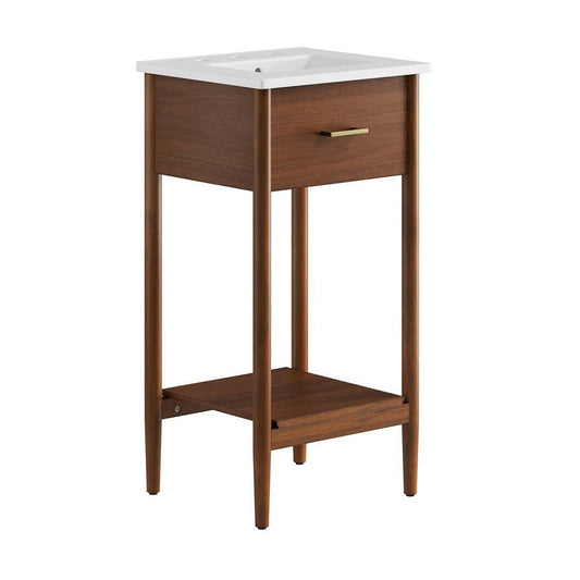 Modway Zaire 18” Mid-Century Bathroom Vanity Washstand in Walnut White with Ceramic Sink Basin, 18 Inches