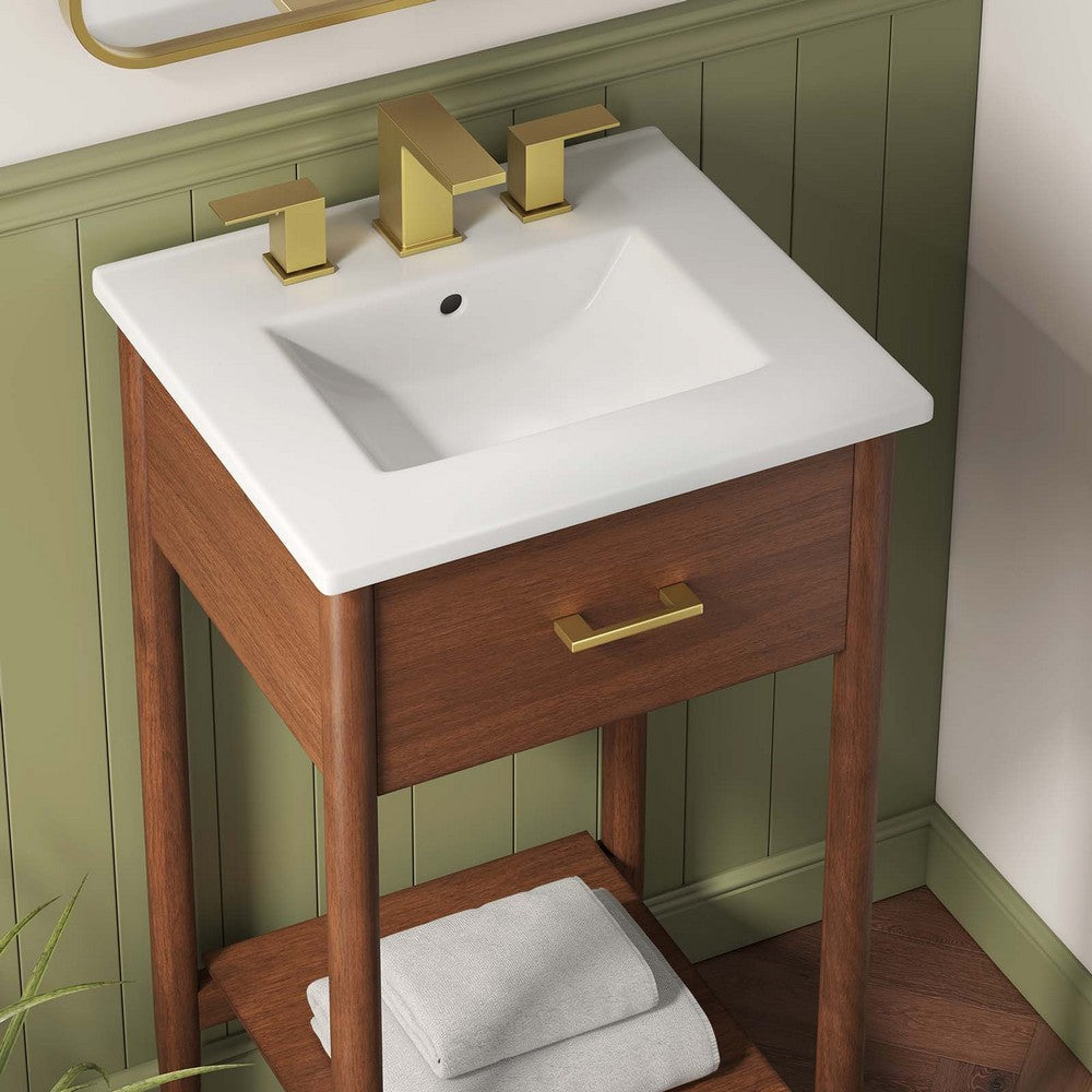 Modway Zaire 18” Mid-Century Bathroom Vanity Washstand in Walnut White with Ceramic Sink Basin 18 Inches MDY-EEI-6658-WAL-WHI