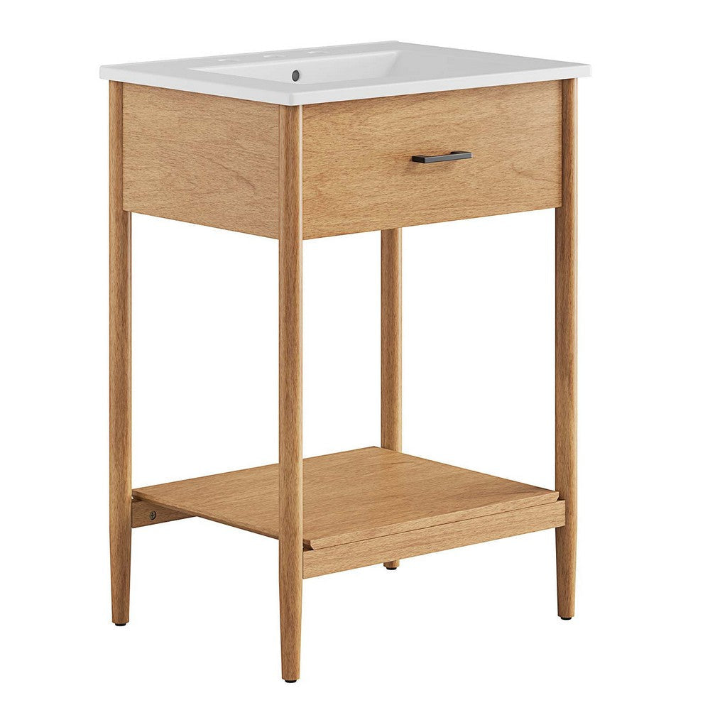 Modway Zaire 24” Mid-Century Bathroom Vanity Washstand in Natural White with Ceramic Sink Basin, 24 Inches