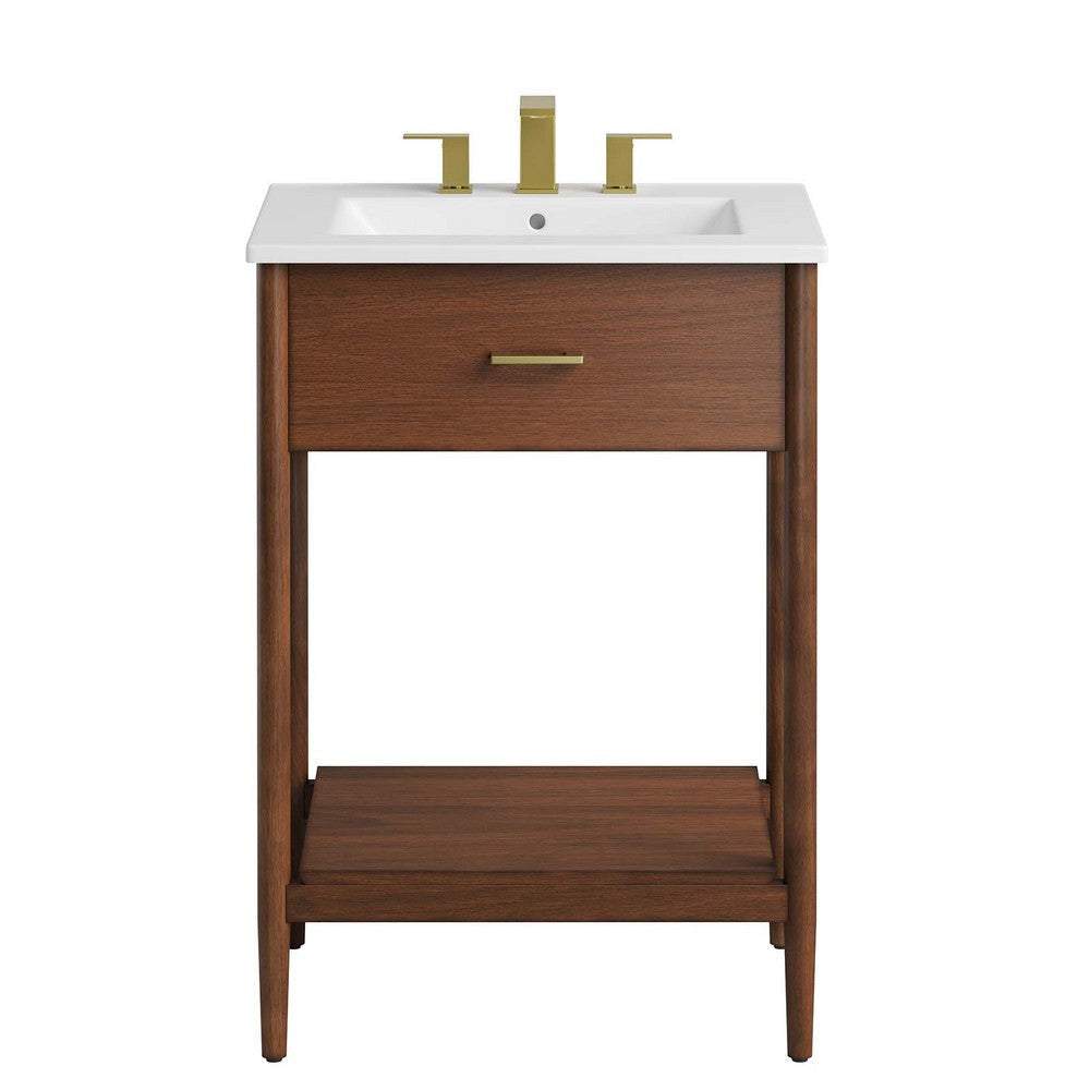 Modway Zaire 24” Mid-Century Bathroom Vanity Washstand in Walnut White with Ceramic Sink Basin 24 Inches MDY-EEI-6660-WAL-WHI