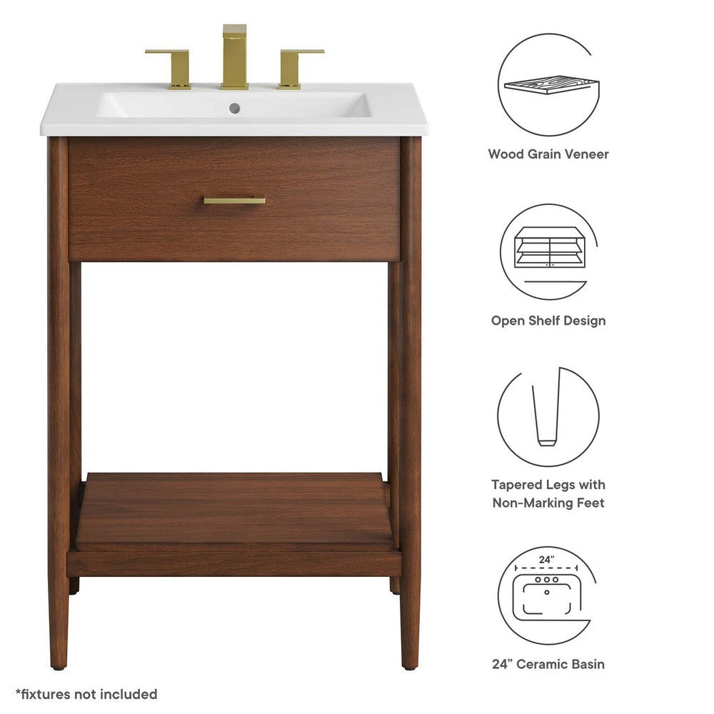 Modway Zaire 24” Mid-Century Bathroom Vanity Washstand in Walnut White with Ceramic Sink Basin 24 Inches MDY-EEI-6660-WAL-WHI