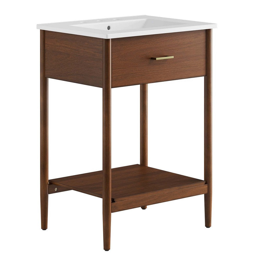 Modway Zaire 24” Mid-Century Bathroom Vanity Washstand in Walnut White with Ceramic Sink Basin, 24 Inches