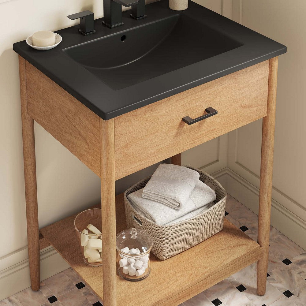 Modway Zaire 24” Mid-Century Bathroom Vanity Washstand in Natural Black with Ceramic Sink Basin 24 Inches MDY-EEI-6661-NAT-BLK