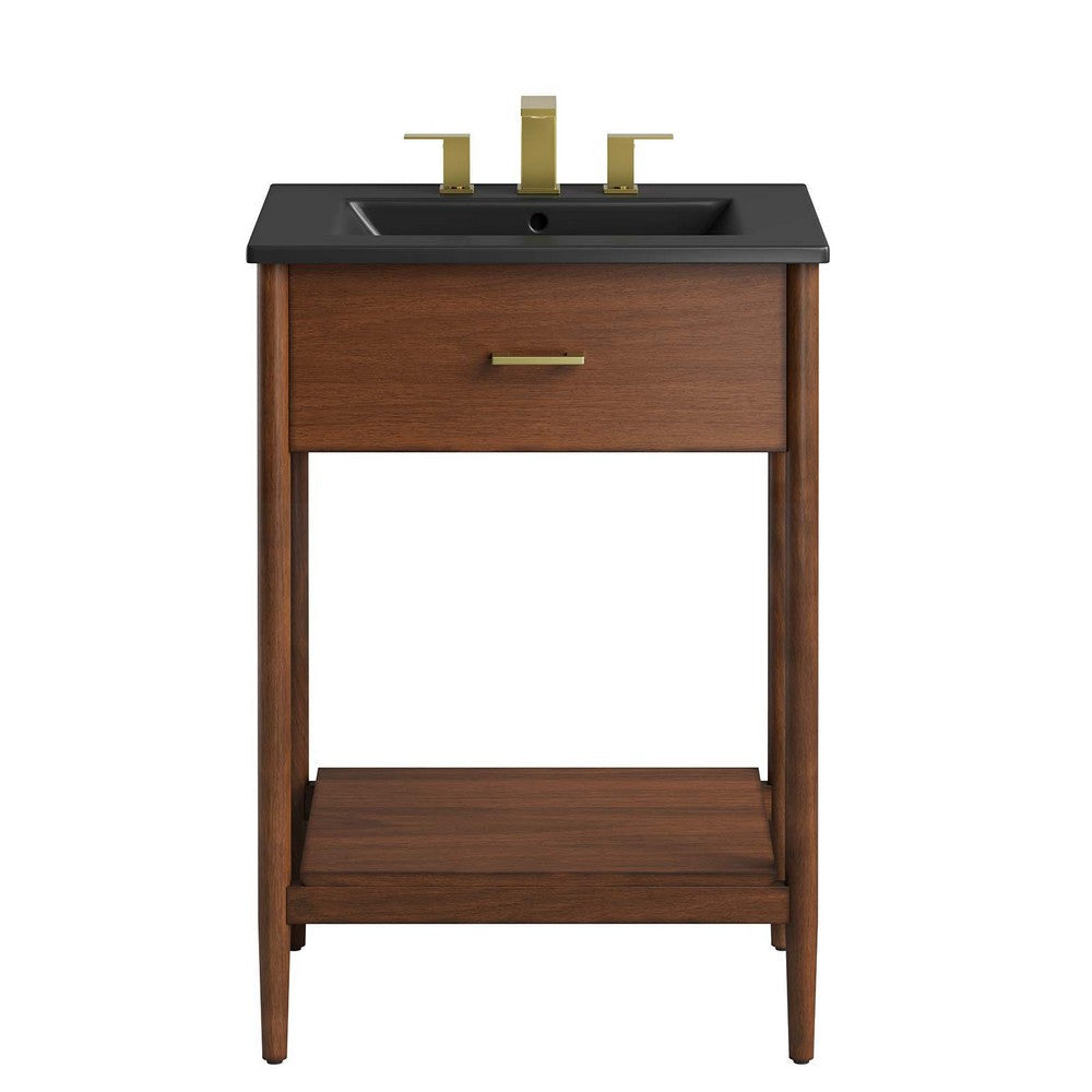 Modway Zaire 24” Mid-Century Bathroom Vanity Washstand in Walnut Black with Ceramic Sink Basin 24 Inches MDY-EEI-6661-WAL-BLK