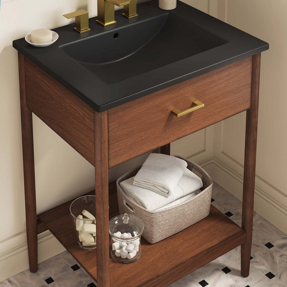 Modway Zaire 24” Mid-Century Bathroom Vanity Washstand in Walnut Black with Ceramic Sink Basin 24 Inches MDY-EEI-6661-WAL-BLK