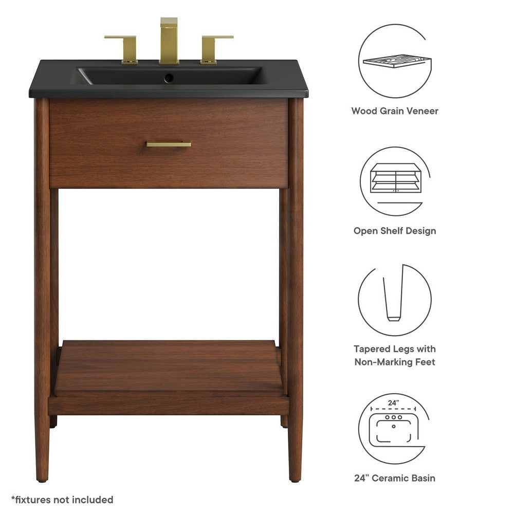 Modway Zaire 24” Mid-Century Bathroom Vanity Washstand in Walnut Black with Ceramic Sink Basin 24 Inches MDY-EEI-6661-WAL-BLK