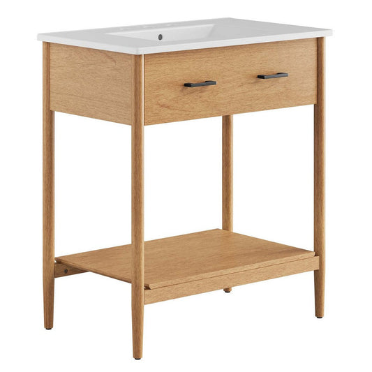 Modway Zaire 30” Mid-Century Bathroom Vanity Washstand in Natural White with Ceramic Sink Basin, 30 Inches