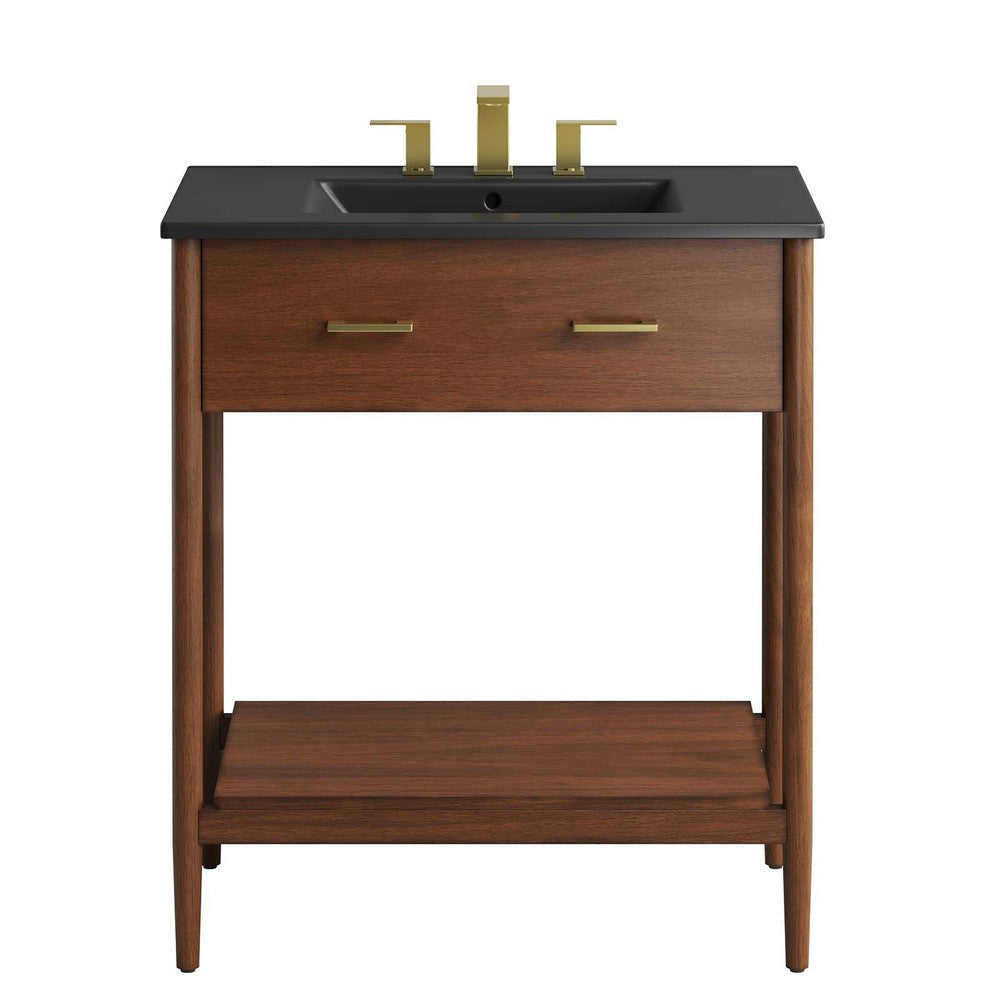 Modway Zaire 30” Mid-Century Bathroom Vanity Washstand in Walnut Black with Ceramic Sink Basin 30 Inches MDY-EEI-6663-WAL-BLK