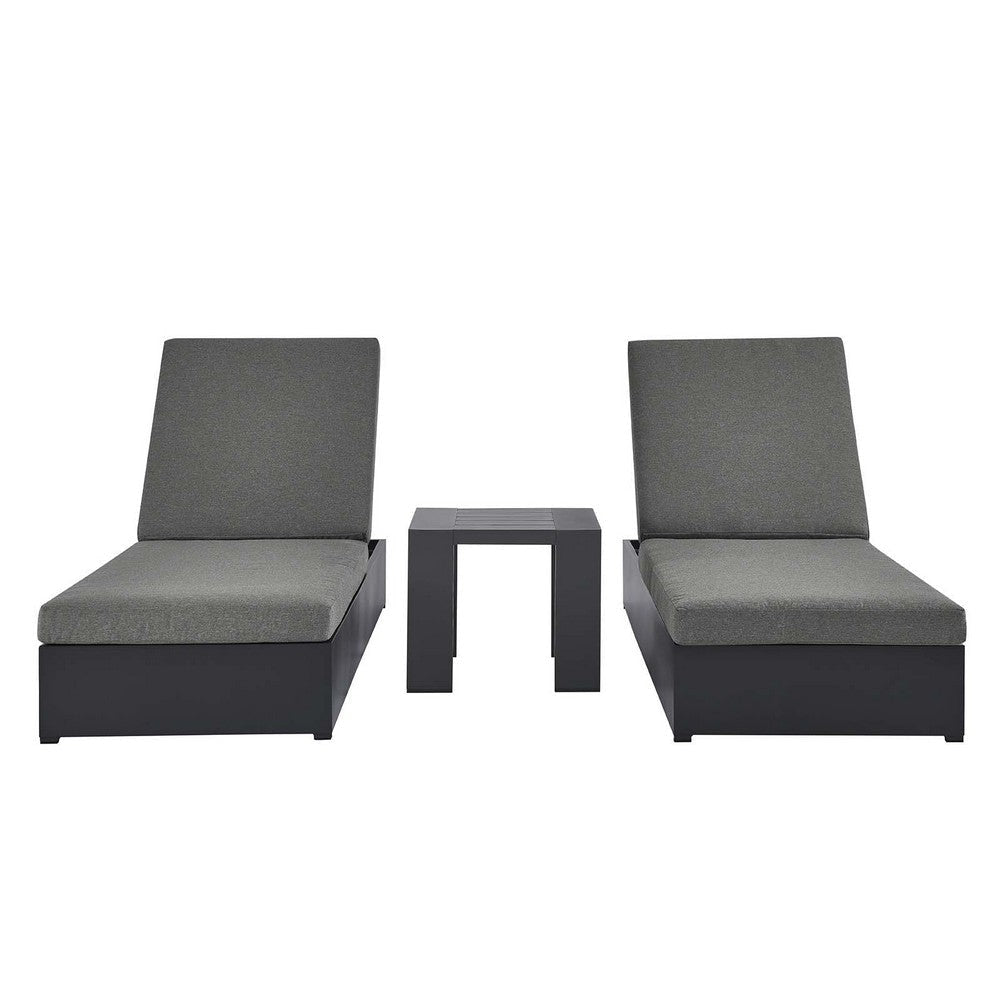 Modway Tahoe Aluminum Outdoor Patio Set of 2 Side Gray Charcoal, Pool Chairs and Accent Table for Backyard Furniture, 3-Piece Chaise Lounge Set