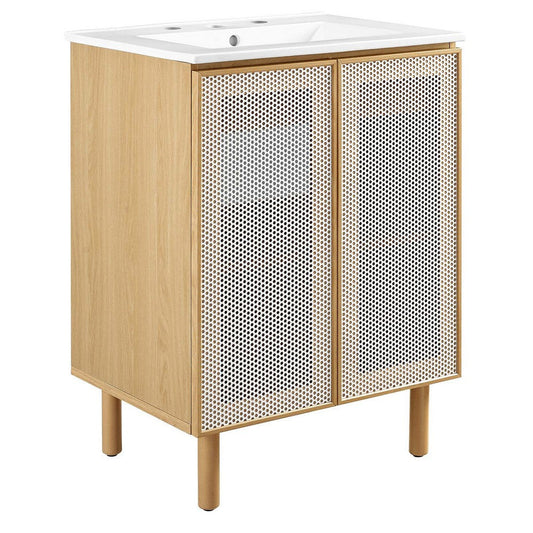 Modway Calla 24 Inch Single Combo in White Oak, Compact Small Space Cabinet with Storage and Perforated Metal Doors, Modern Freestanding Bathroom Sink Vanity Set