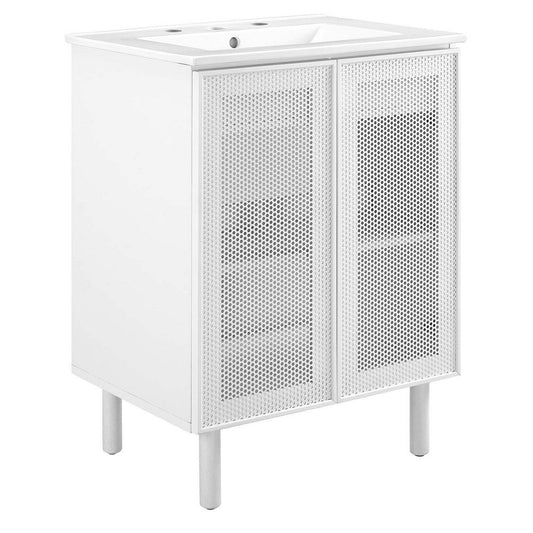 Modway Calla 24 Inch Single Combo White, Compact Small Space Cabinet with Storage and Perforated Metal Doors, Modern Freestanding Bathroom Sink Vanity Set