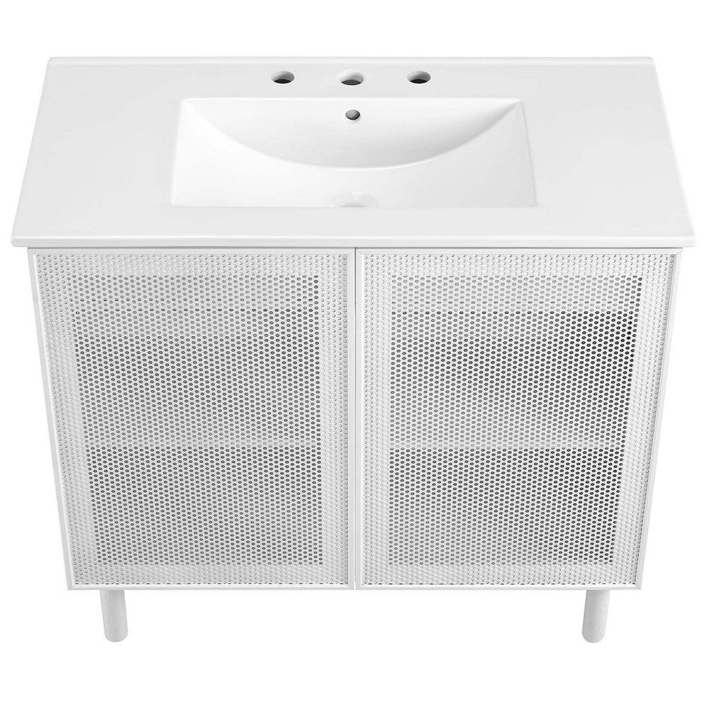 Modway Calla 36 Inch Single Combo White Compact Small Space Cabinet with Storage and Perforated Metal Doors Modern Freestanding Bathroom