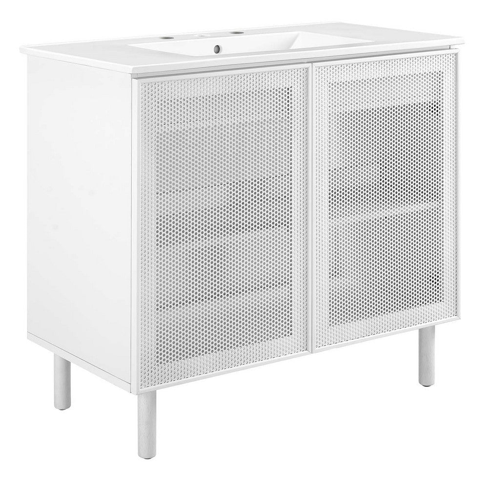 Modway Calla 36 Inch Single Combo White, Compact Small Space Cabinet with Storage and Perforated Metal Doors, Modern Freestanding Bathroom Sink Vanity Set