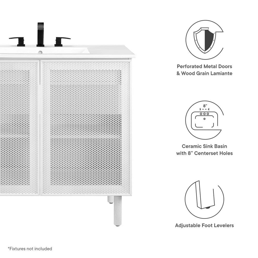 Modway Calla 36 Inch Single Combo White Compact Small Space Cabinet with Storage and Perforated Metal Doors Modern Freestanding Bathroom