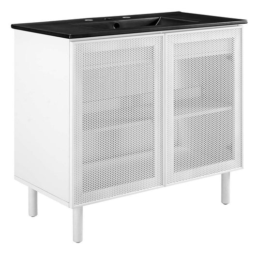 Modway Calla 36 Inch Single Combo in Black White, Compact Small Space Cabinet with Storage and Perforated Metal Doors, Modern Freestanding Bathroom Sink Vanity Set