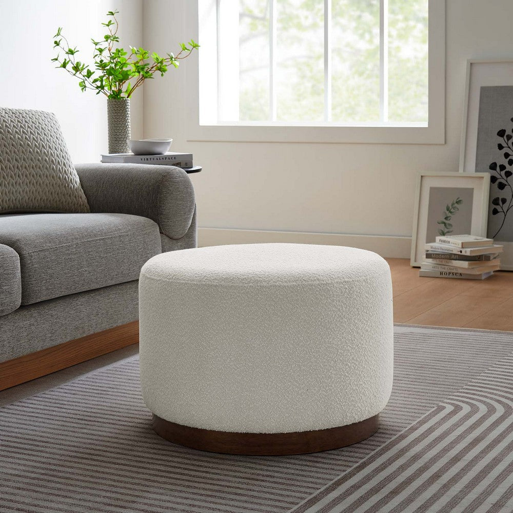 Modway Tilden 23 Inch Round Boucle Upholstered Ottoman in Cloud Walnut - Round Ottoman Foot Rest with Rubberwood Plinth Base - Living Room Ottoman Side Table or Small Ottoman Coffee Table