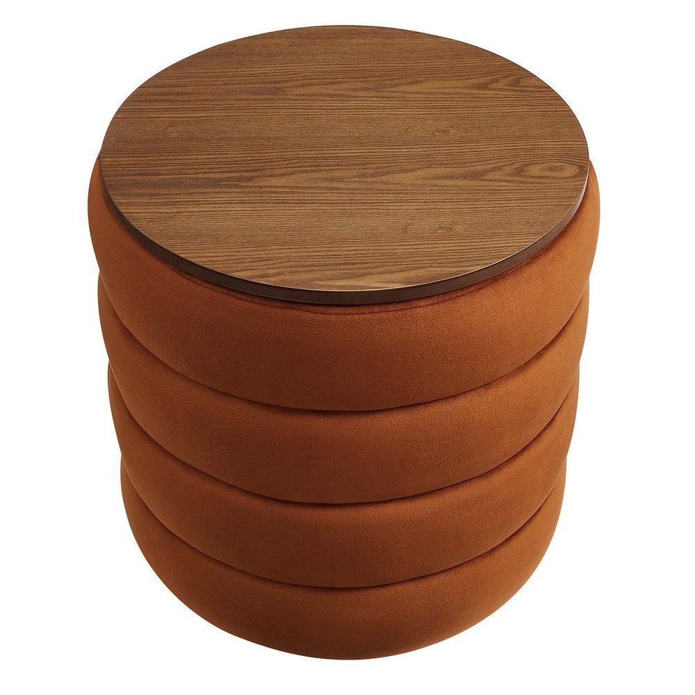 Modway Mezzo Round Performance Velvet Storage Ottoman Stool in Rust - Channel Tufted Ottoman - Upholstered Footrest - Versatile End or Side