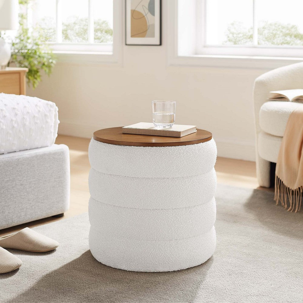 Modway Mezzo Round Boucle Fabric Storage Ottoman Stool in Cloud - Channel Tufted Ottoman - Upholstered Footrest - Versatile End or Side Table with Storage